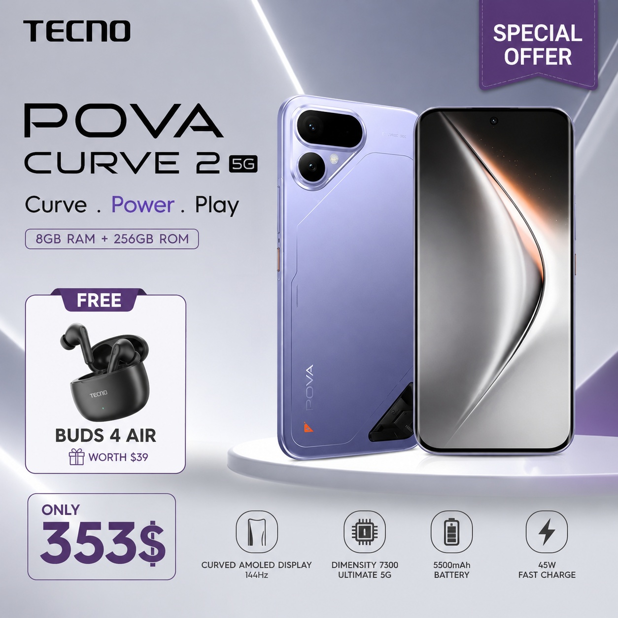 TECNO POVA Curve 2 (8GB/256GB) + Free Buds 4 Air