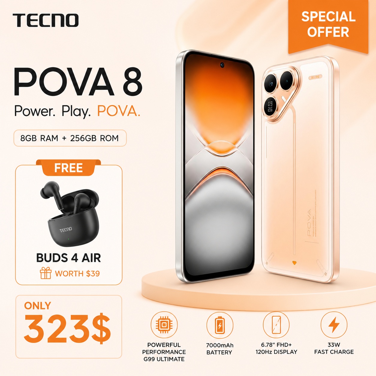 TECNO POVA 8 (8GB/256GB) + Free Buds 4 Air