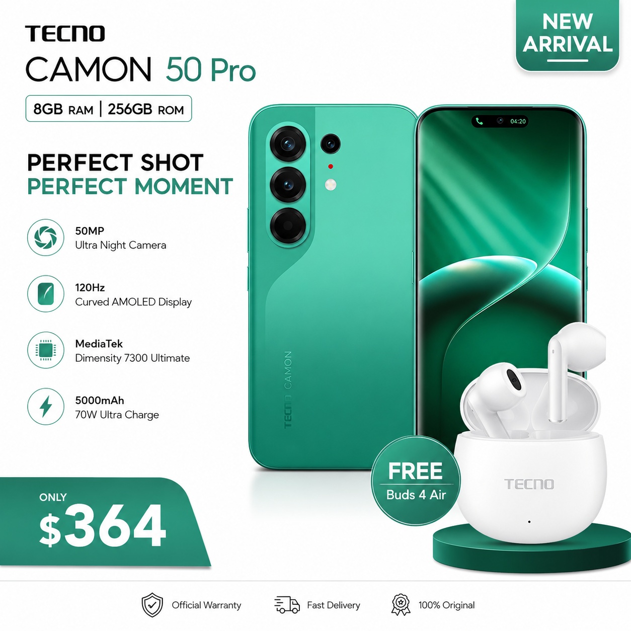 TECNO CAMON 50 Pro (8GB/256GB) + Free Buds 4 Air